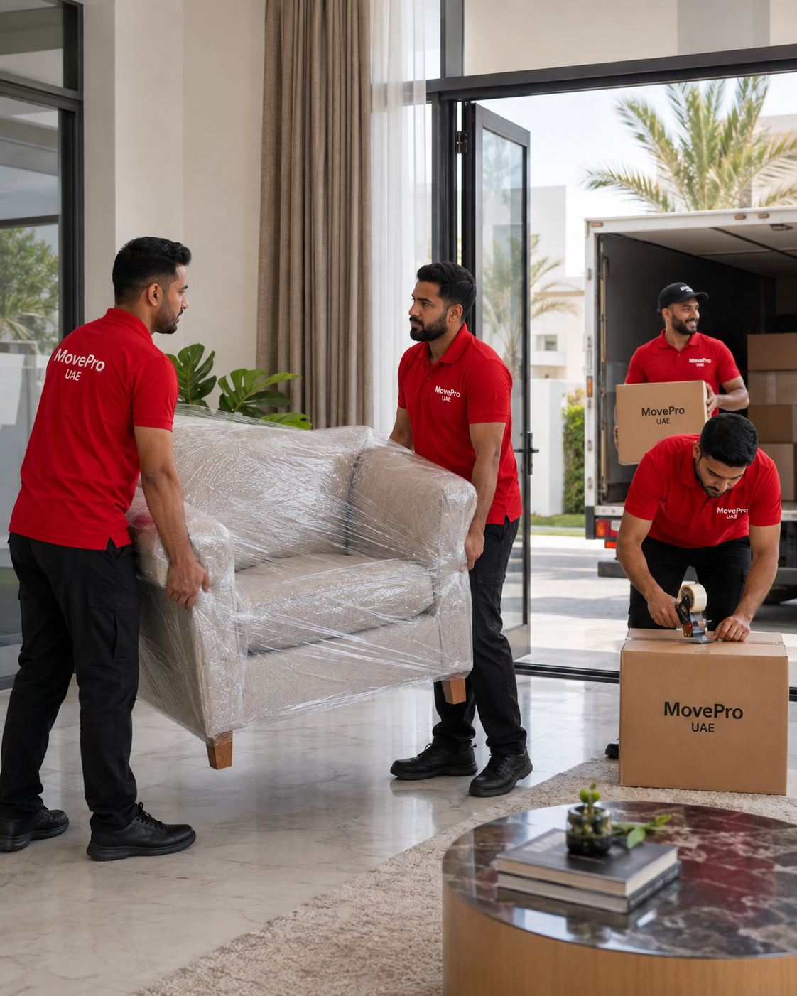 Professional MovePro UAE movers handling furniture during a relocation