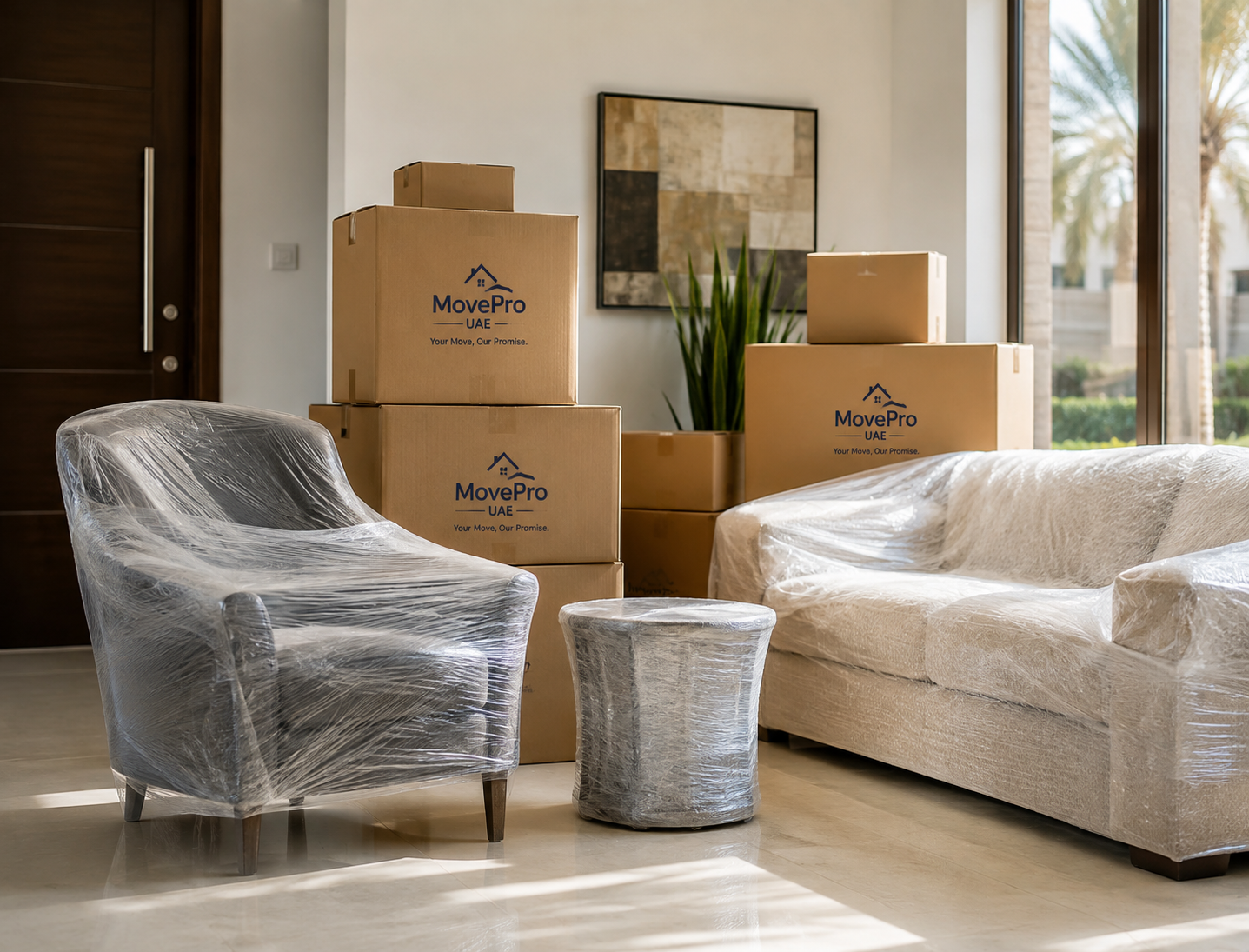 Moving boxes and protected furniture prepared for transport