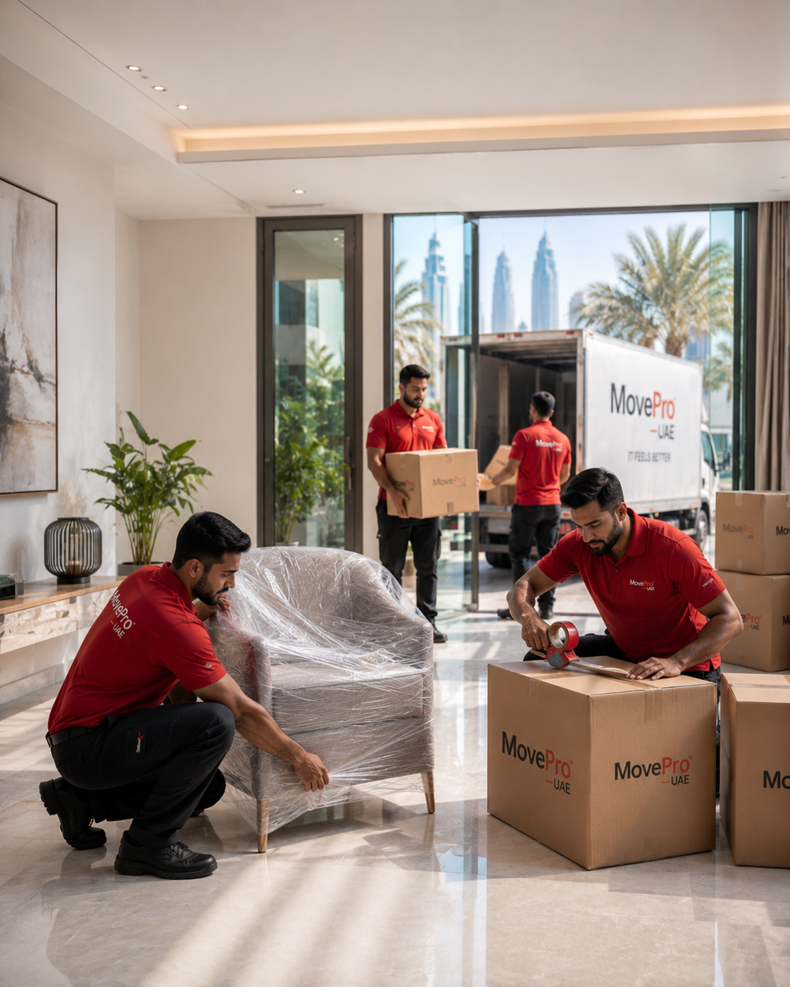 Professional movers carefully handling furniture during a home move in Dubai