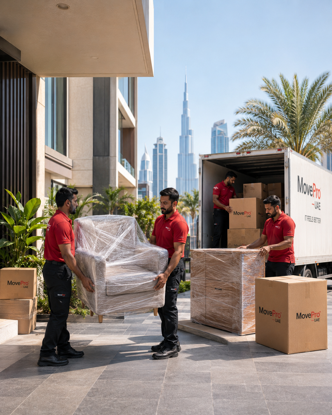Movers relocating office furniture and equipment in Dubai