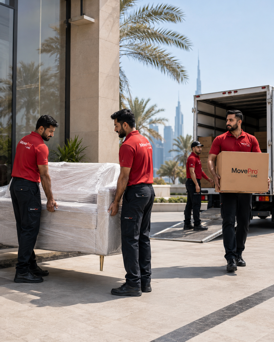 Moving crew loading protected furniture and boxes into a moving vehicle