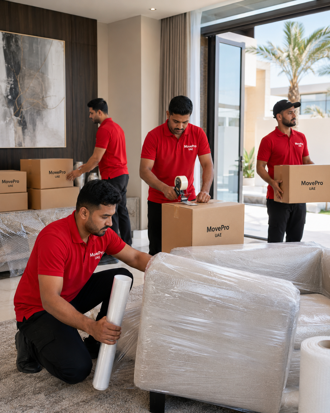 MovePro UAE moving team preparing furniture for relocation