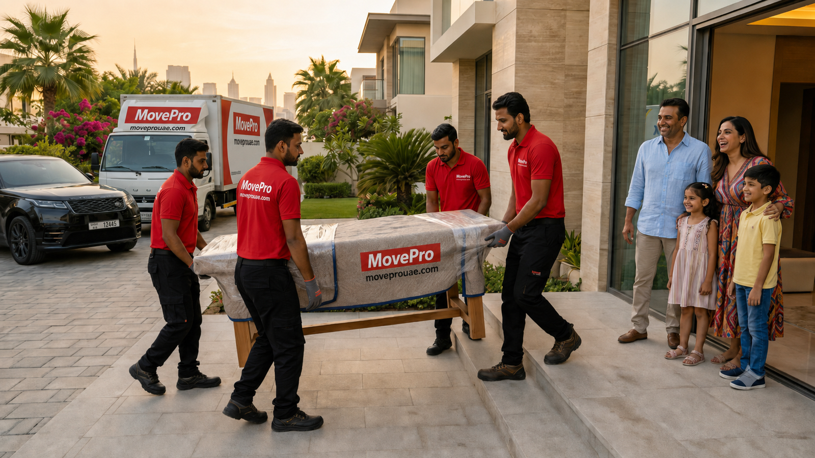 Professional home movers loading household furniture into a moving truck in Dubai