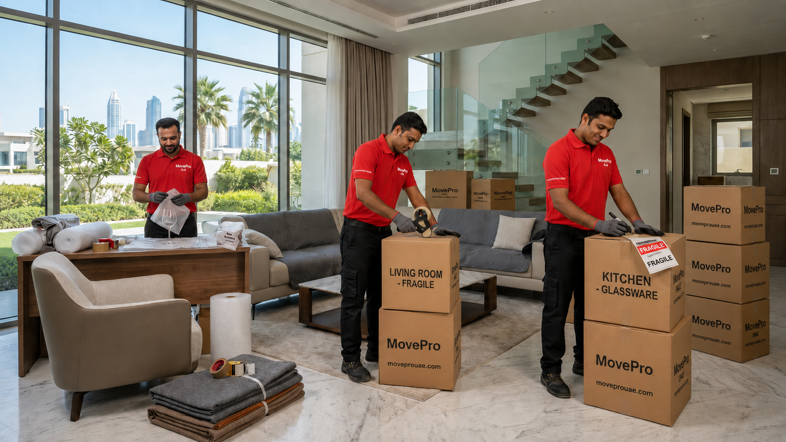 MovePro UAE moving truck outside residential building