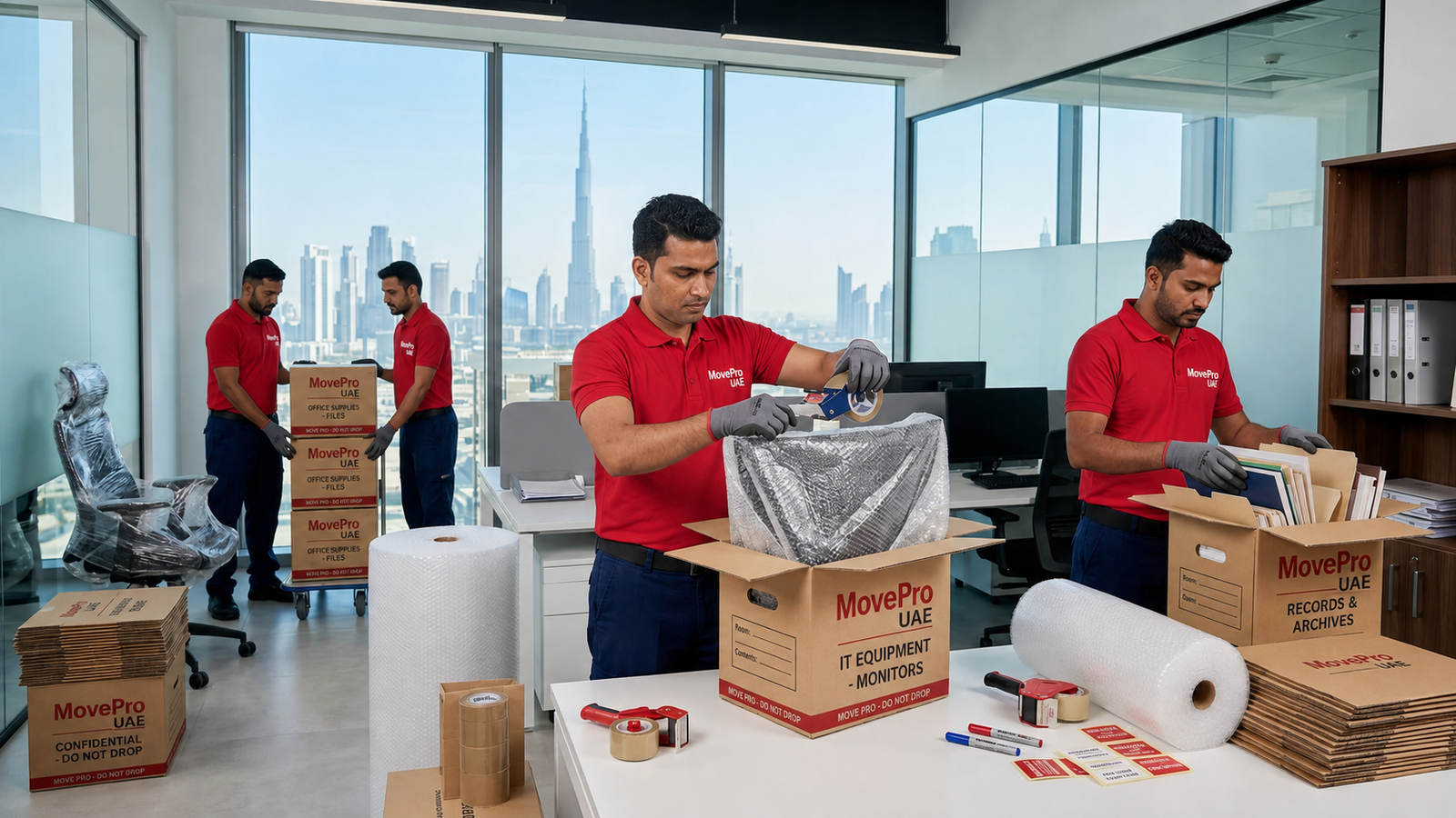 Office movers packing computers, office furniture and business equipment